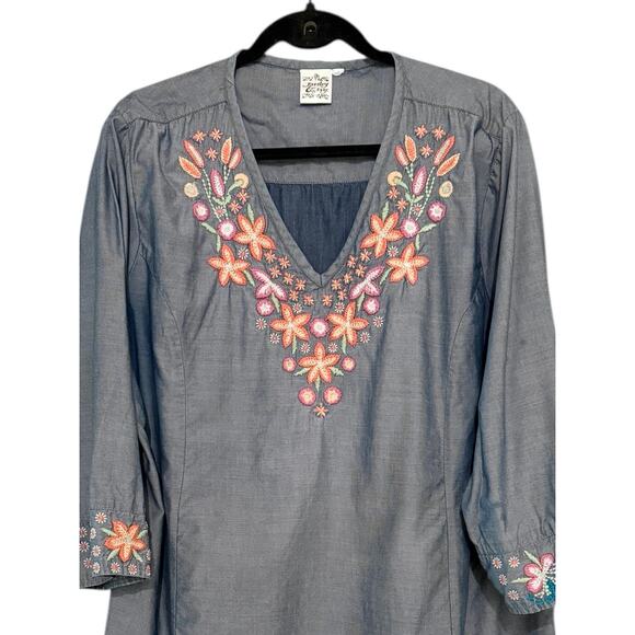 Parsley & Sage XL Chambray V-Neck Tunic Top Floral Heavy Embroidery Boho Chic - Picture 7 of 7